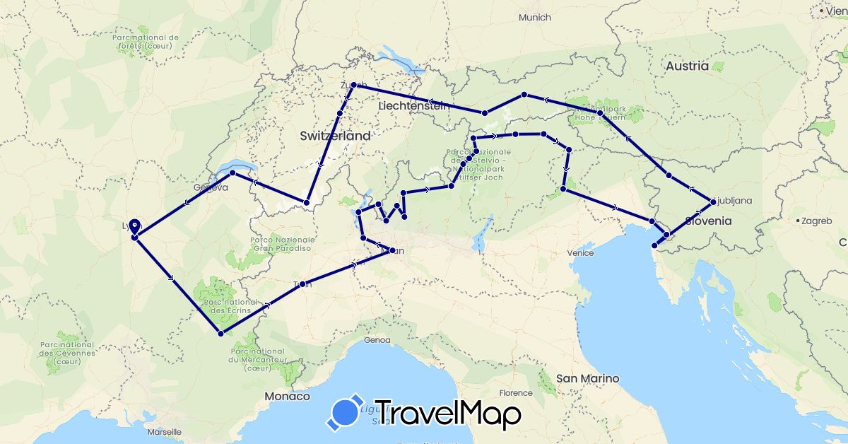 TravelMap itinerary: driving in Austria, Switzerland, France, Italy, Slovenia (Europe)